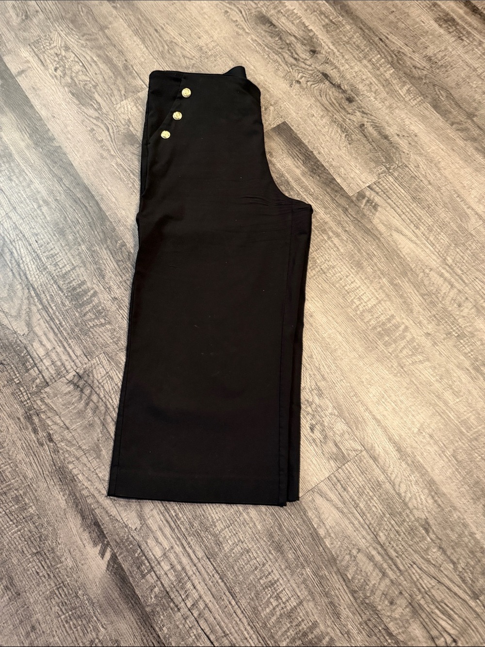Chico's Black Wide-Leg Pull-On Capris with Gold Buttons